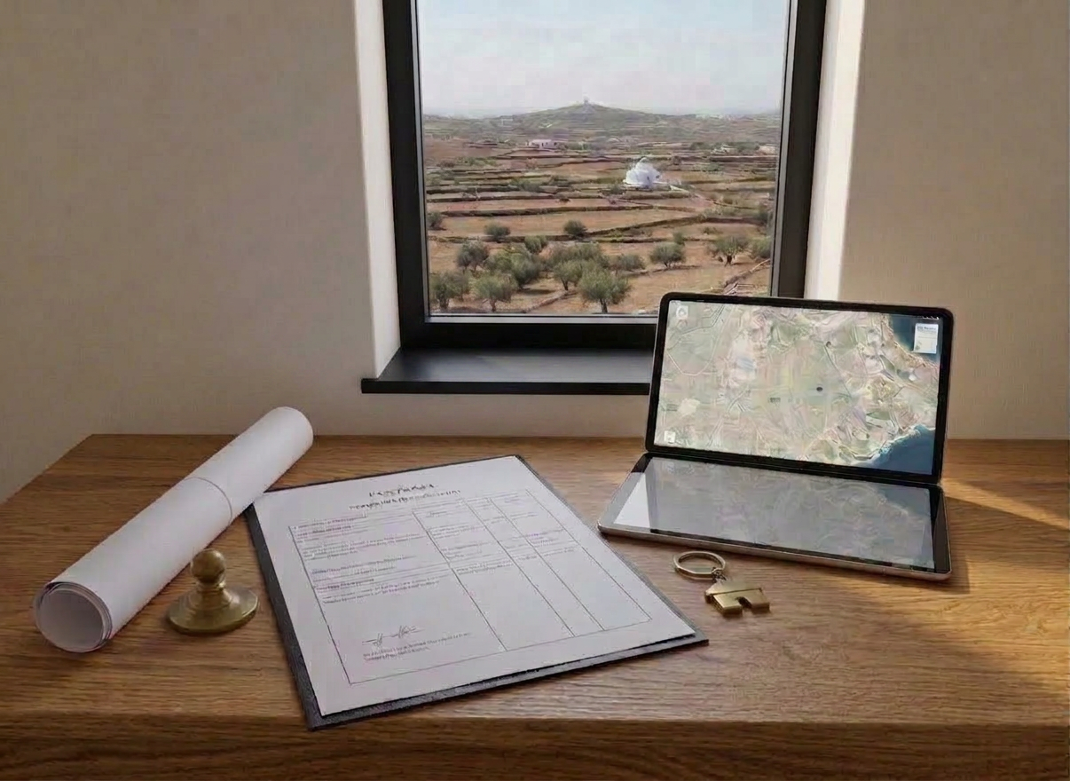 Naxos support A detailed, realistic photograph of a carefully arranged set of Naxos-related documents on a marble-topped sideboard inside a contemporary Cycladic interior. Property plans, a bilingual contract, a small brass keyring with a discreet house-shaped charm, and a tablet displaying a map of Naxos are laid out in an organized composition. Behind them, a narrow window reveals terraced fields, stone walls, and a distant white chapel on a hill, emphasizing real local life rather than generic tourism. Soft, diffused midday light enters from the side, creating subtle reflections on the marble and gentle shadows under the papers. Shot from a slightly overhead angle with crisp focus, the mood is precise, trustworthy, and practical, aligning with professional support and translation services.
