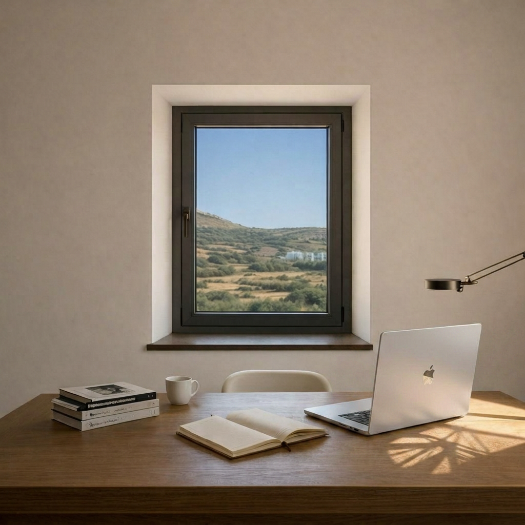 Naxos support An elegant, sunlit workspace in a restored Naxos stone house, captured in clean photographic realism. A solid oak table with a smooth matte finish holds an open notebook, translation dictionaries, and a modern slim laptop, arranged with precise orderliness to suggest organized support services. Beyond the table, a deep-set window framed by thick whitewashed walls reveals a glimpse of Naxos hillside terraces and dry-stone walls. Soft morning light pours in, illuminating the textured stone and casting crisp yet gentle shadows across the desk. Composed from a slightly elevated angle using the rule of thirds, with the window and landscape balancing the refined workspace, the mood is calm, trustworthy, and highly professional rather than touristy.