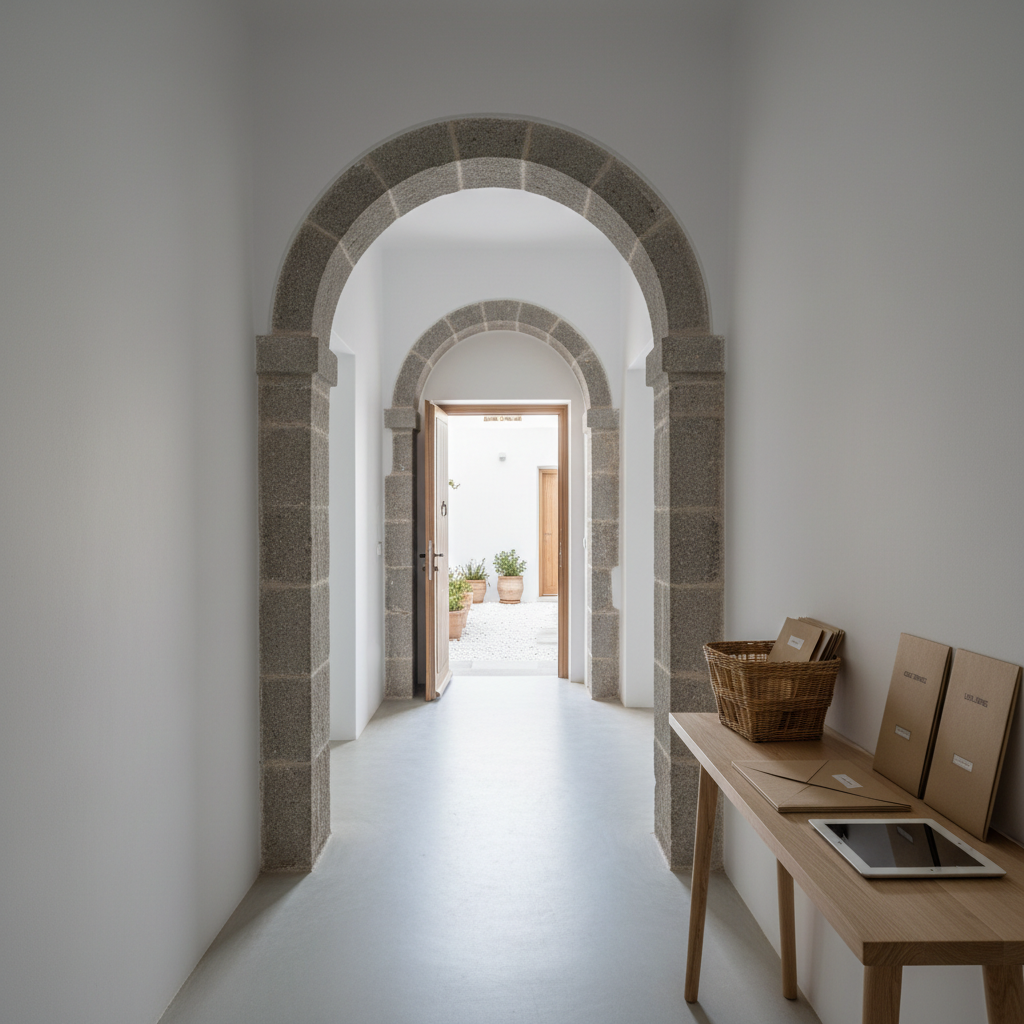 An interior corridor of a traditional Naxos home, freshly renovated with a minimalist, sophisticated aesthetic that implies attentive property management. Smooth white walls meet exposed stone arches, and a polished concrete floor runs the length of the hallway toward a slightly open door revealing a glimpse of a tidy courtyard. On a narrow console, a structured wicker basket contains neatly organized envelopes, labeled folders, and a slim tablet, symbolizing coordinated local assistance. Gentle, indirect afternoon light filters from both ends of the corridor, creating a graceful gradient of brightness and soft shadows along the floor. Photographic realism, straight-on composition, and leading lines enhance a sense of order, discretion, and reliability.