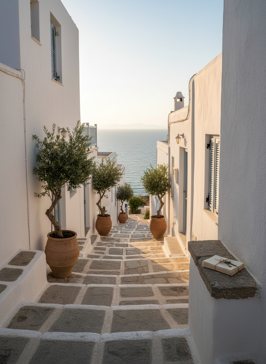 Naxos support A sophisticated photographic realism scene of a white-washed Naxos alleyway leading toward the sea, with clean stone steps and soft blue-gray doors and shutters suggesting well-kept homes and discreet property support. Clay pots with mature olive trees line the passage, and a neatly folded stack of documents and keys rests on a small stone ledge, hinting at trusted local guidance without showing people. Late afternoon golden light grazes the textured walls, casting long, elegant shadows. Shot at eye level with a gentle depth of field so the alley recedes in sharp detail while the distant Aegean horizon softens, creating a calm, reassuring atmosphere suitable for a professional service homepage hero image.